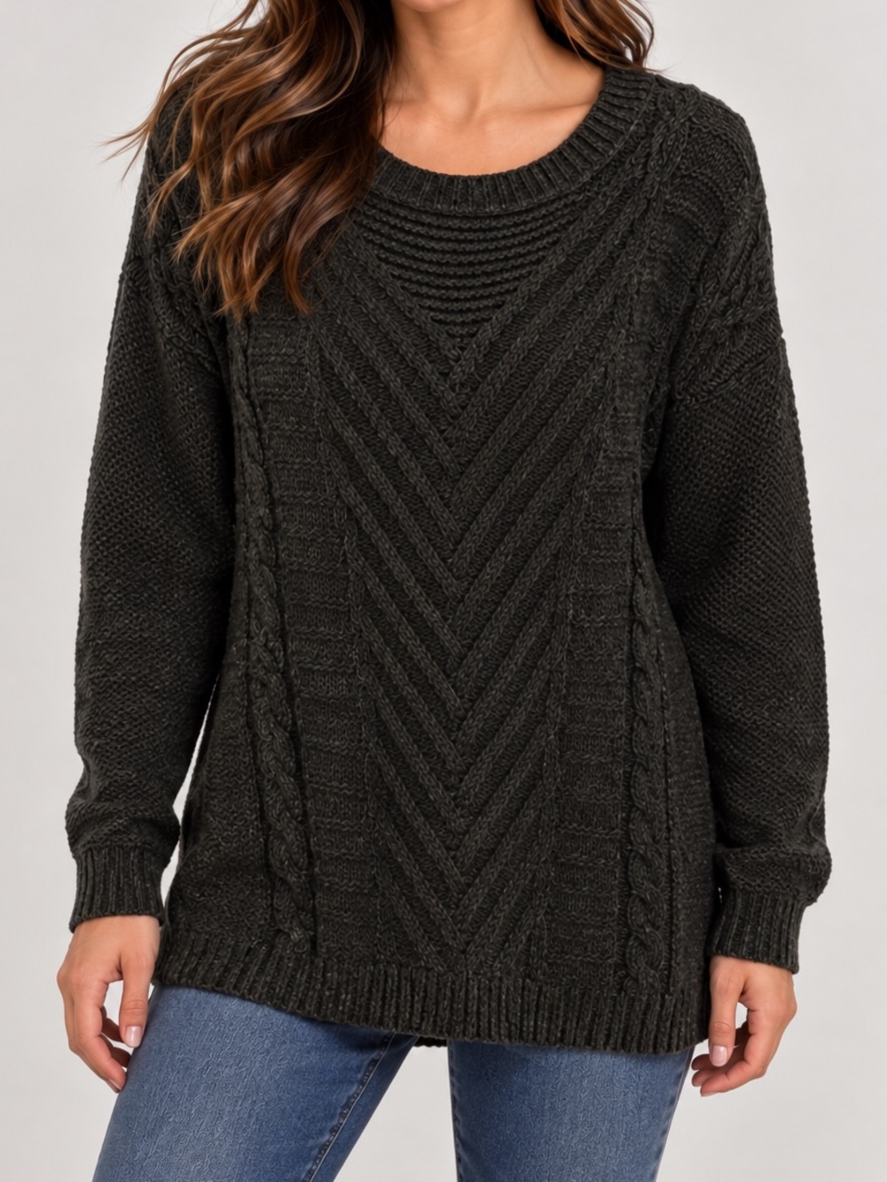 American Eagle Outfitters Charcoal Crewneck Cable Knit Sweater